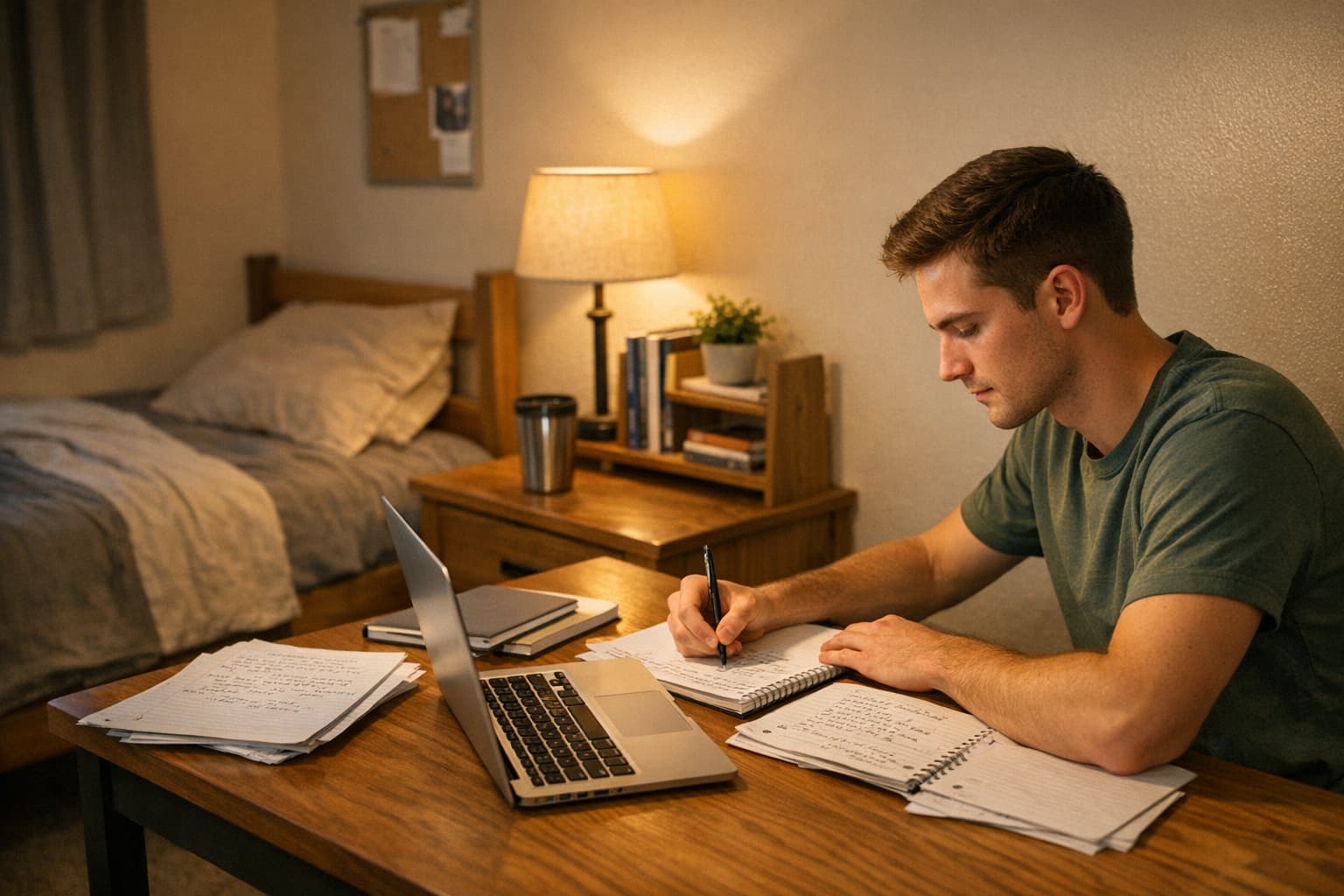 College student studying with a laptop and notes in a dorm room